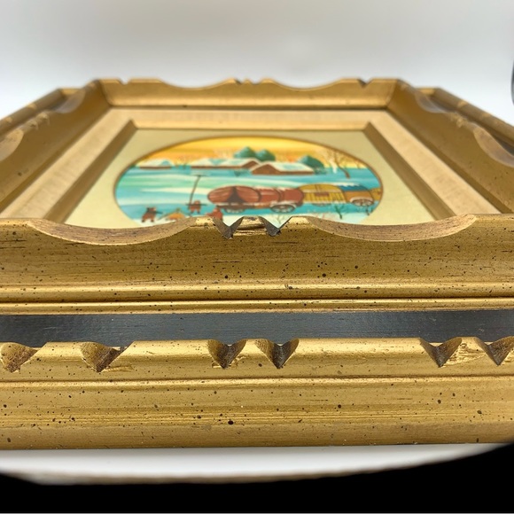 Vintage Framed Winter Oil Painting 16x18 Snow Scene Covered Wagon SIGNED (1950s) - Picture 10 of 13